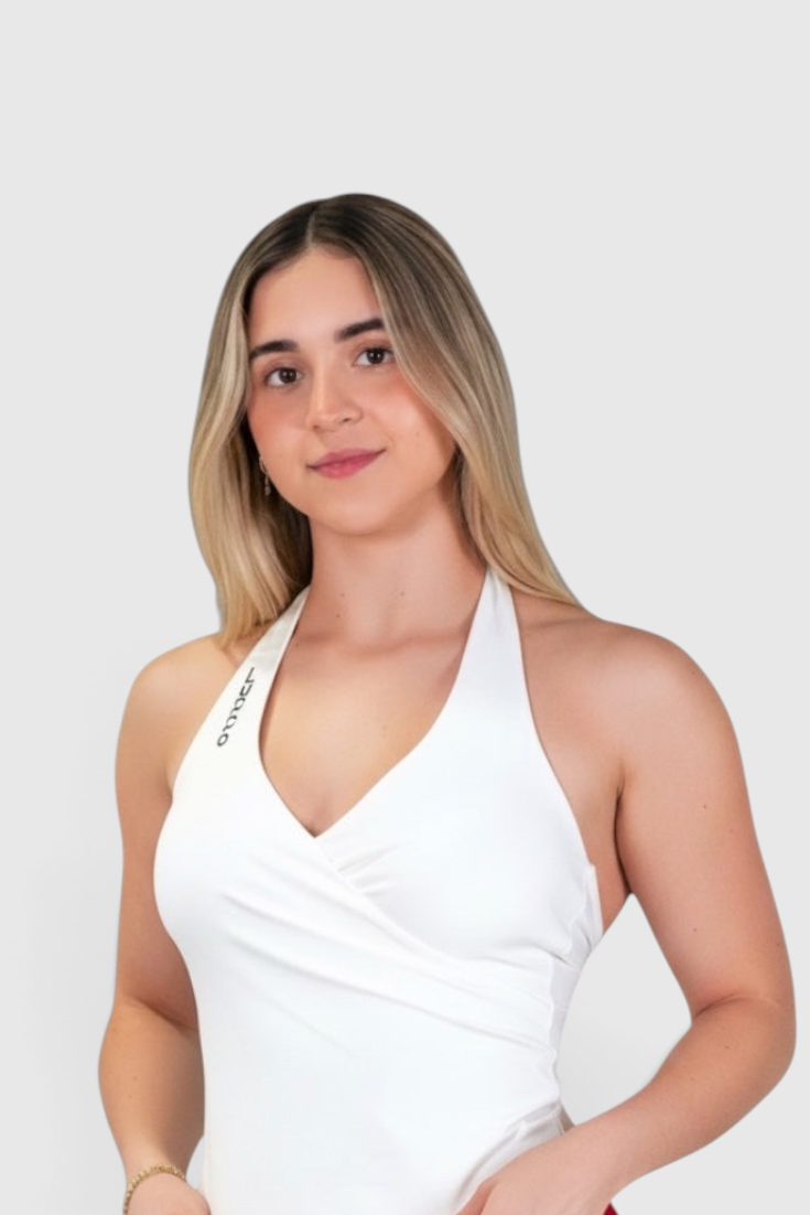 LUPPO white corset-inspired halter crop top with a flattering neckline worn by a blonde model