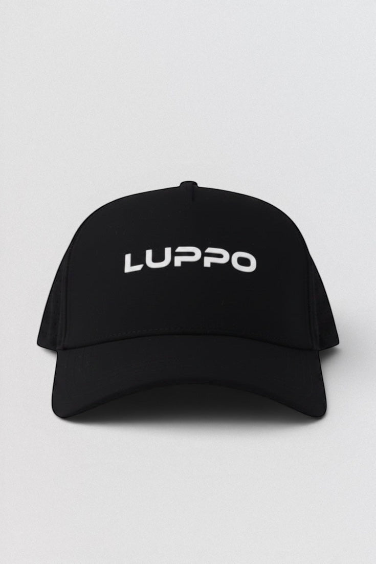 LUPPO black performance polyester baseball cap with curved brim and laser-perforated side panels.
