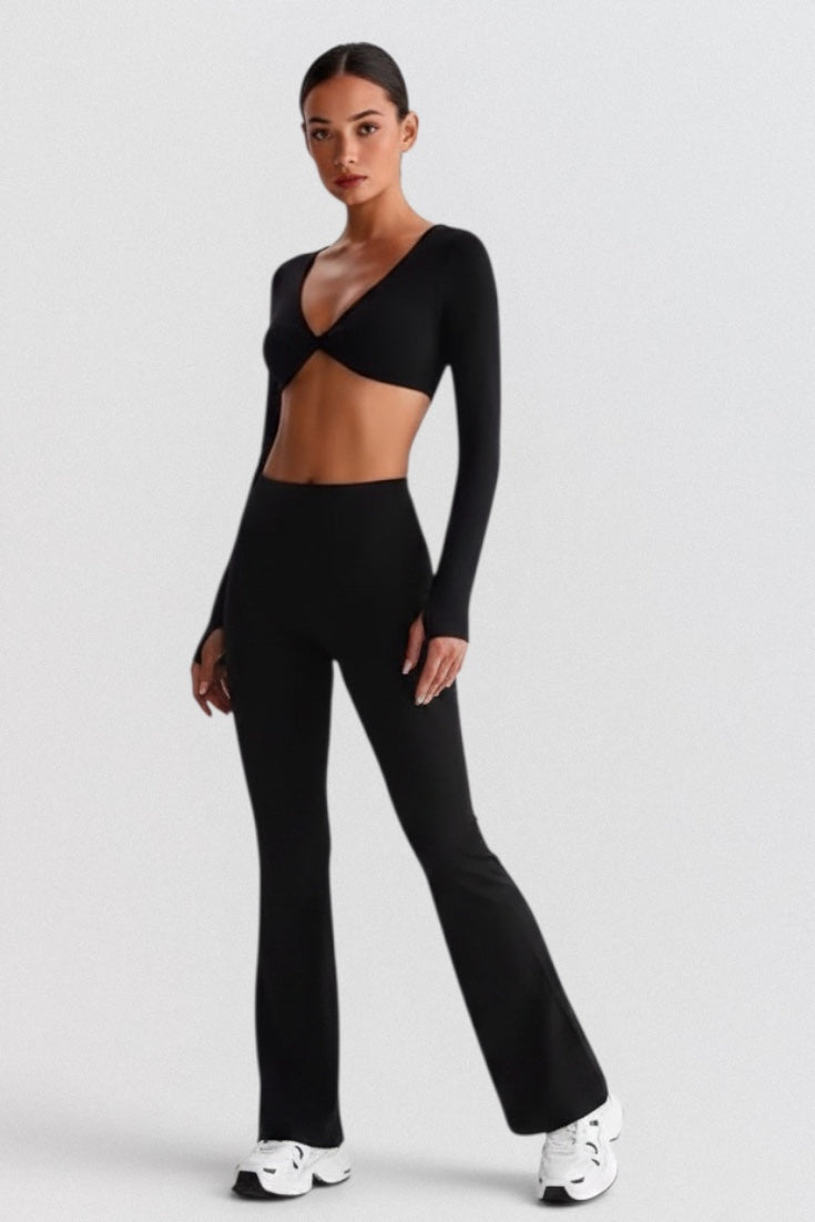 LUPPO black long sleeve twist front crop top with cut-out and flared leg leggings set