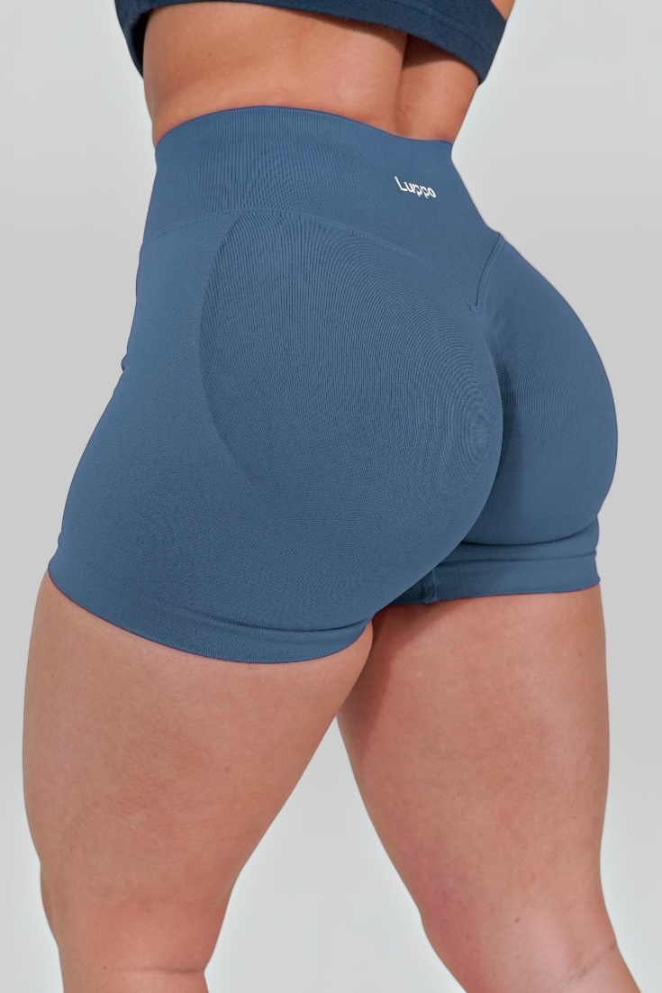 LUPPO blue high-waist workout shorts with glute contouring and a firm scrunch design for a flattering fit.