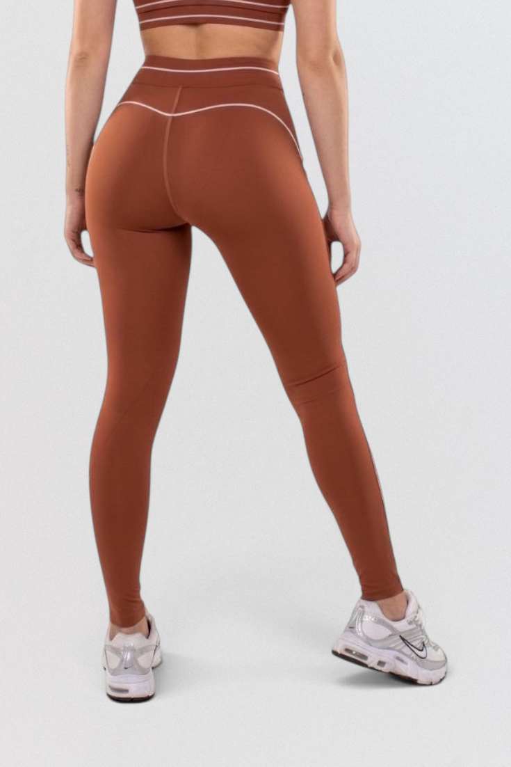 LUPPO Contour Line high-waisted leggings in rust brown with sculpting panels and contrast piping, back view.
