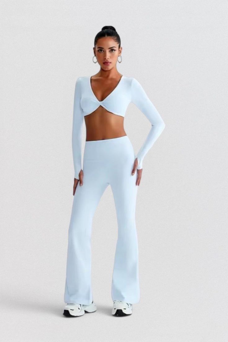 LUPPO light blue long sleeve twist front crop top with cut-out and flared leg pants set
