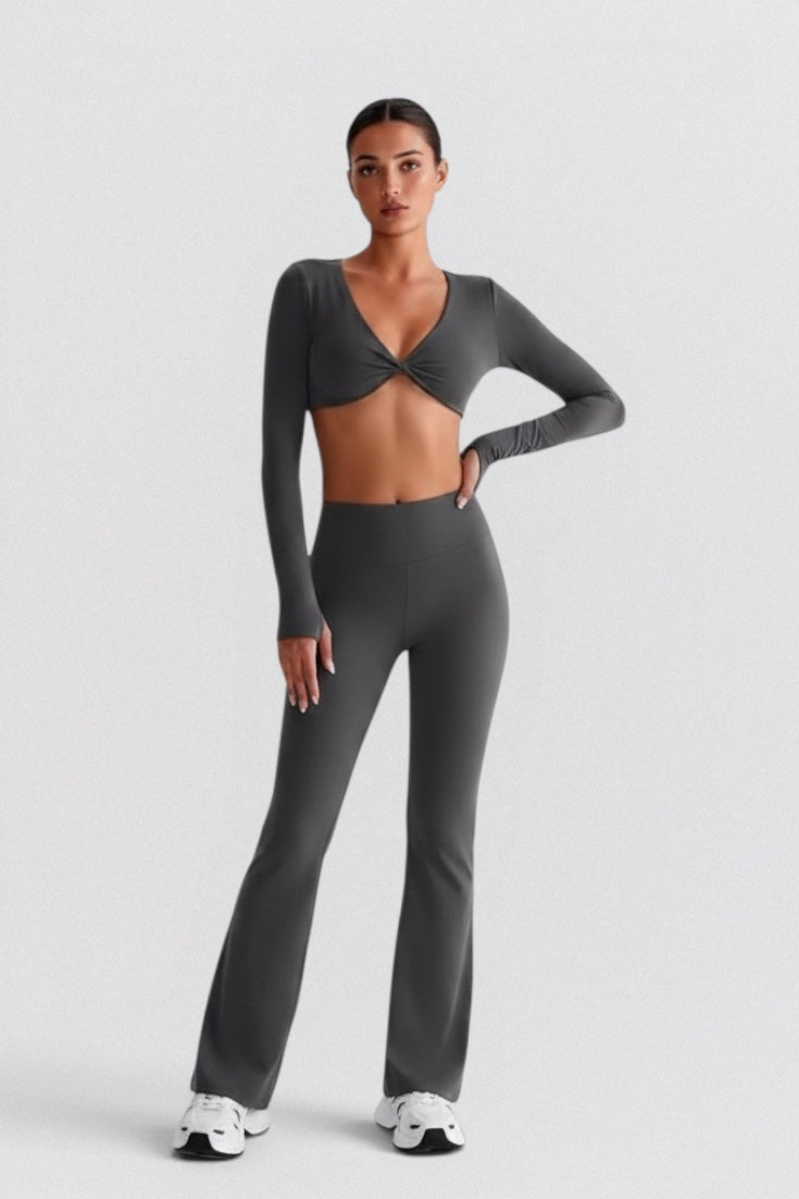 LUPPO dark grey long sleeve twist front crop top with cut-out and high-waisted flared leggings set
