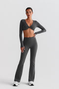 LUPPO dark grey long sleeve twist front crop top with cut-out and high-waisted flared leggings set