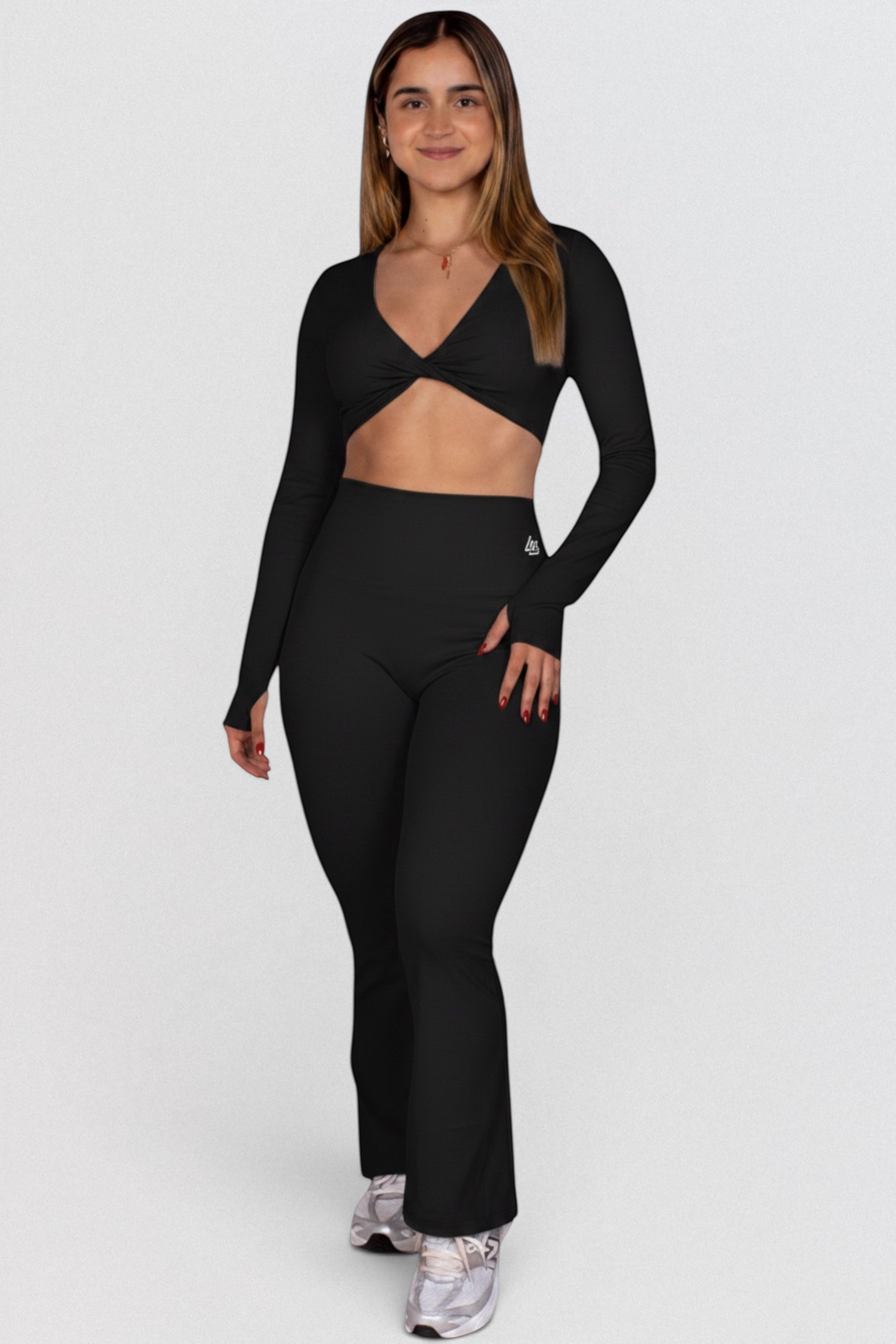LUPPO light blue long sleeve twist front crop top with cut-out and high-waisted flared leggings set