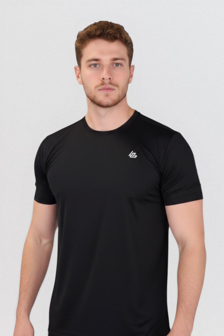 LUPPO men's navy blue performance t-shirt with crew neck and short sleeves, made from a breathable Spandex & Nylon blend.